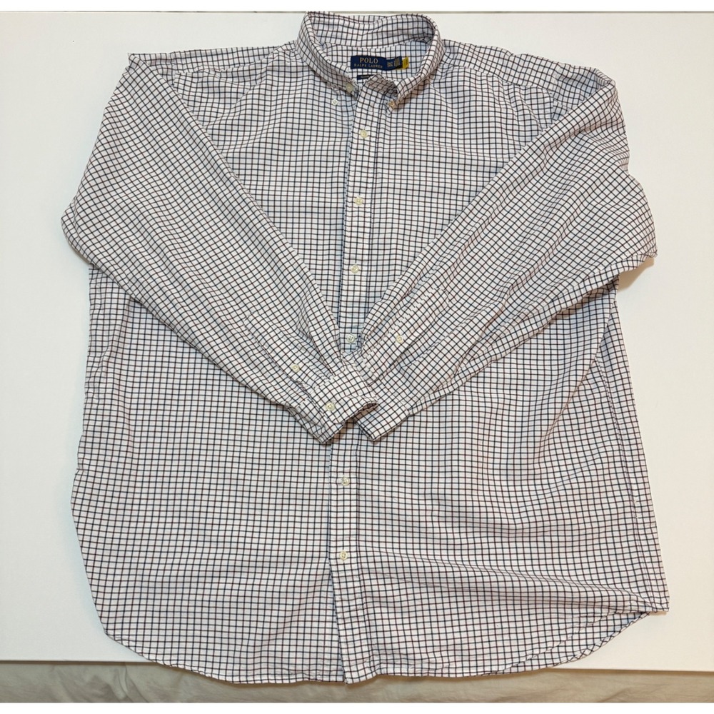 Polo Ralph Lauren Mens 2XLT Classic Fit Plaid Button Down Shirt Tall White Blue